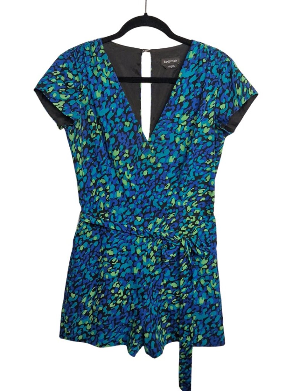BEBE Blue Green Romper Print V Neck Short Sleeve Black Multi Small